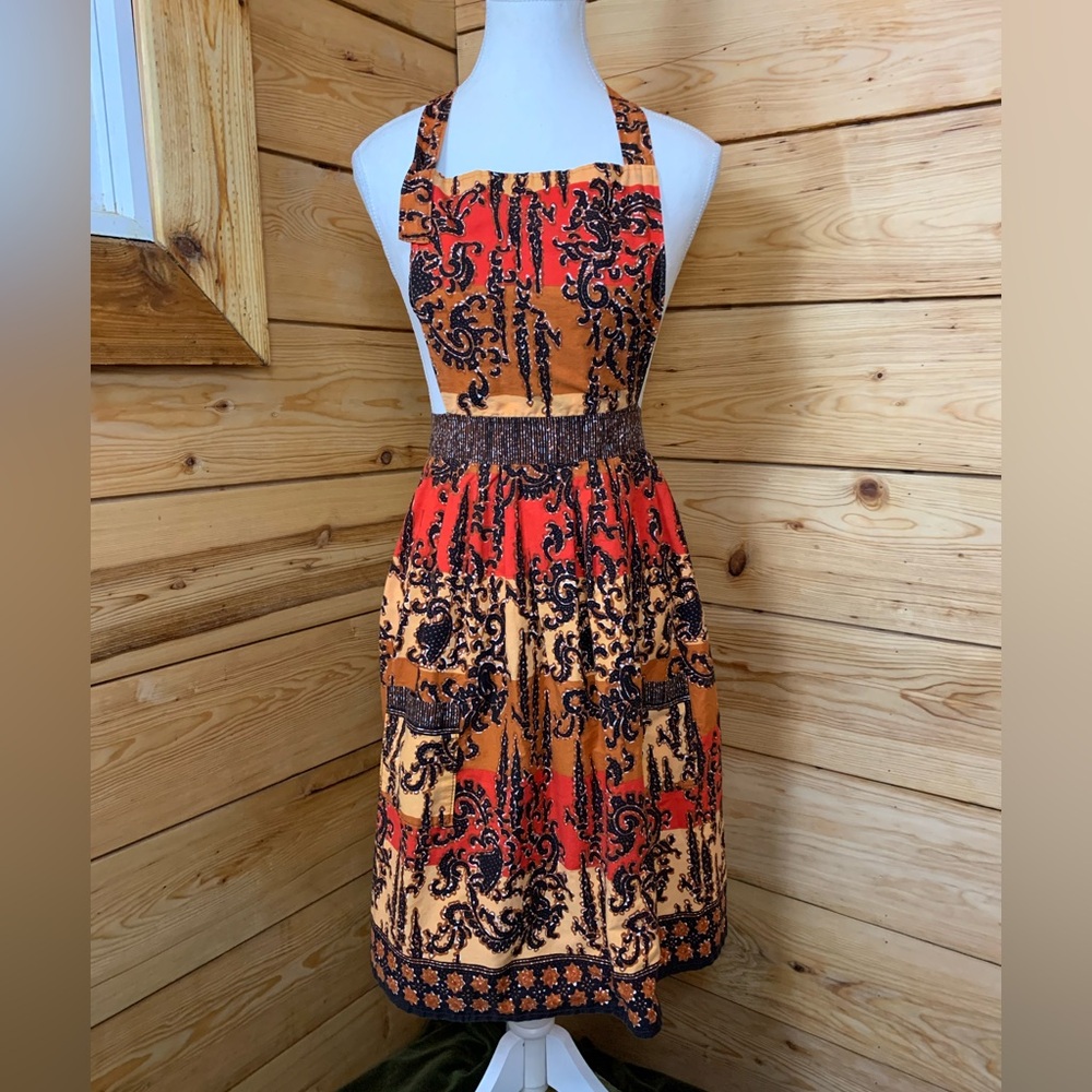 Handmade Garden Apron Pockets Orange Black Geometric Womens Medium